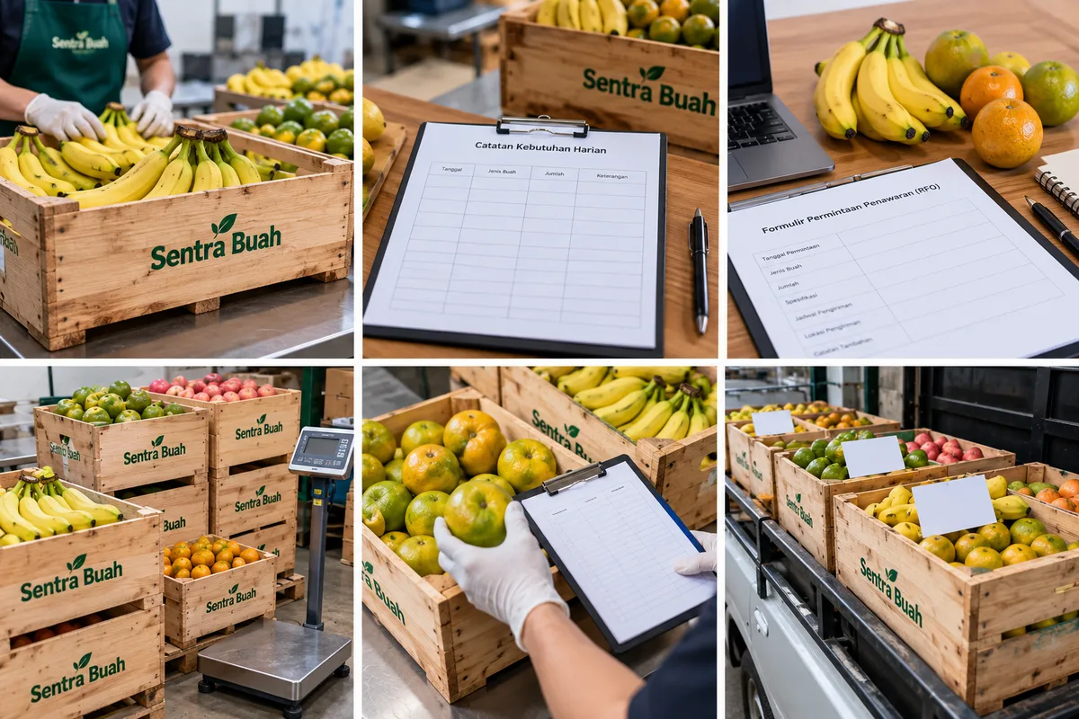 Persiapan daftar kebutuhan buah oleh tim Sentra Buah untuk pengiriman ke beberapa dapur SPPG.