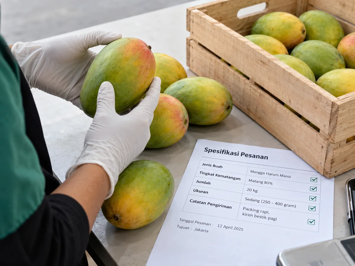 Pemeriksaan buah utuh, daftar spesifikasi pesanan, dan peti yang bersih ole Tim Sentra Buah