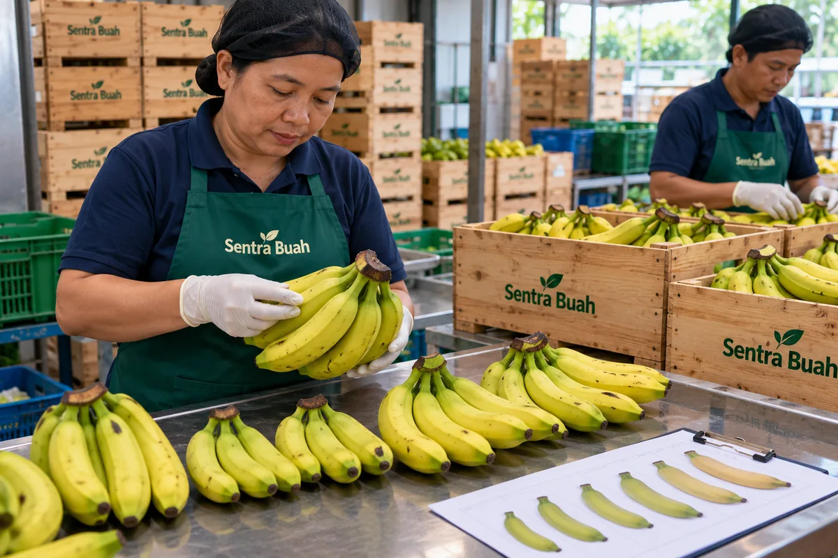 Tim Sentra Buah melakukan pemeriksaan ukuran dan kondisi Pisang Ambon sebelum dibahas sebagai kebutuhan katering.